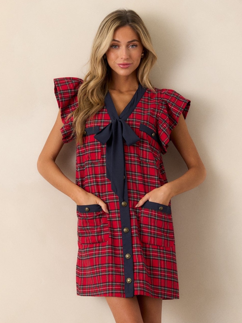 Entro Red Plaid Bow Front Flutter Sleeve Mini Dress Small
